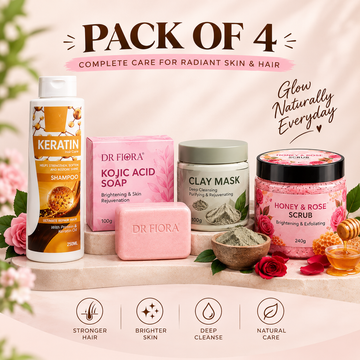 Dr Fiora Keratin Shampoo + Kojic Acid Soap + Clay Mask + Honey & Rose Scrub – Pack of 4