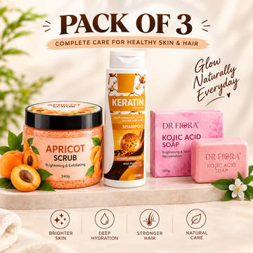 Dr Fiora Apricot Scrub + Keratin Shampoo + Kojic Acid Soap – Pack of 3