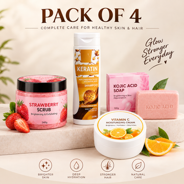 Dr Fiora Pack of 4 – Strawberry Scrub + Keratin Shampoo + Kojic Acid Soap + Vitamin C Moisturizing Cream